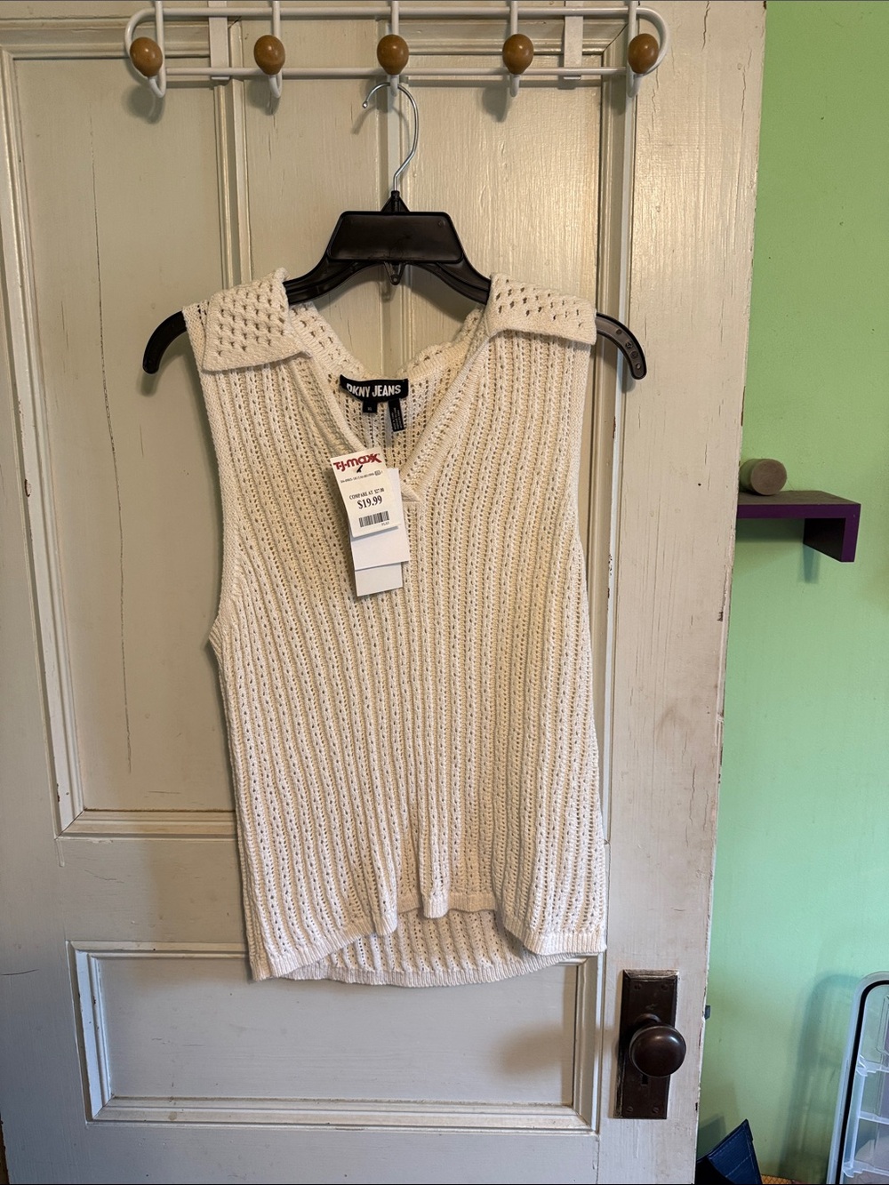 DKNY Cream Open-Knit Sleeveless V-Neck Top